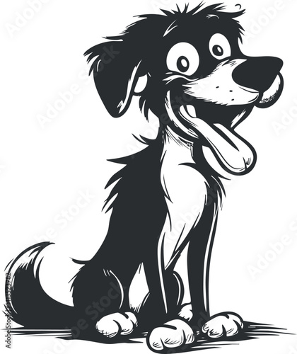 A playful cartoon illustration of a happy black and white dog sitting with a joyful expression.