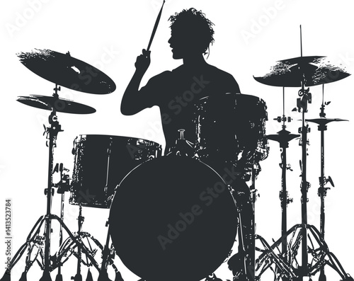 Silhouette of a drummer performing passionately on stage with drums and sticks.