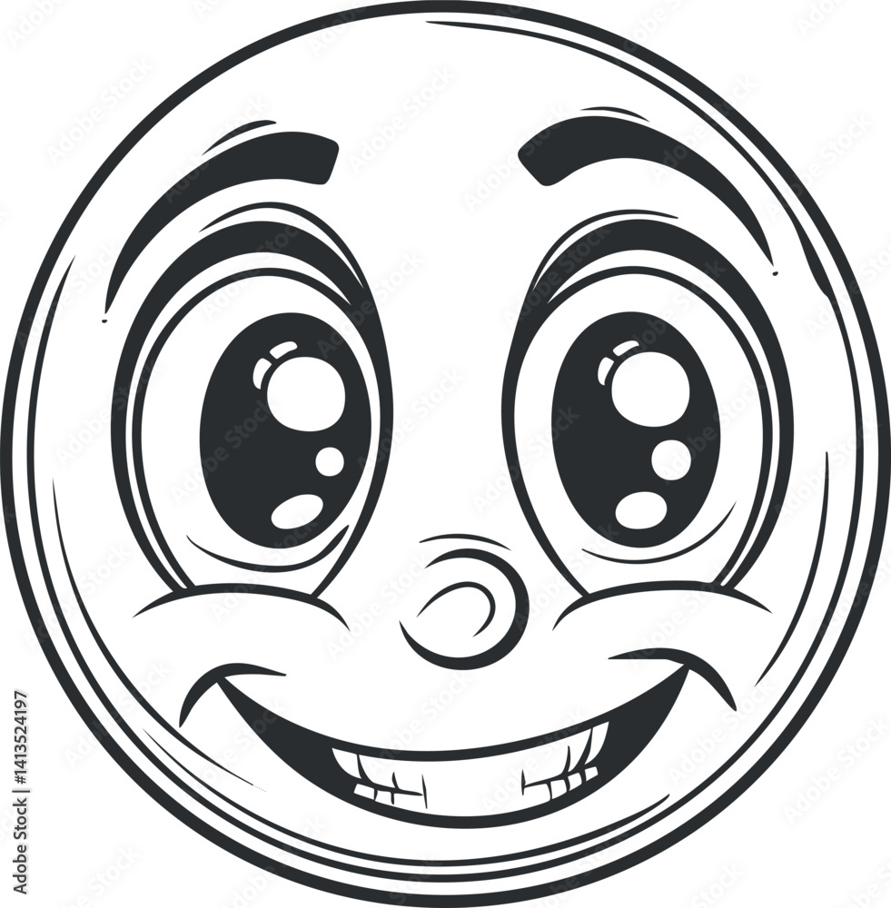 A cheerful cartoon smiley face with big expressive eyes and a joyful smile. A cheerful cartoon smiley face with big expressive eyes and a joyful smile.