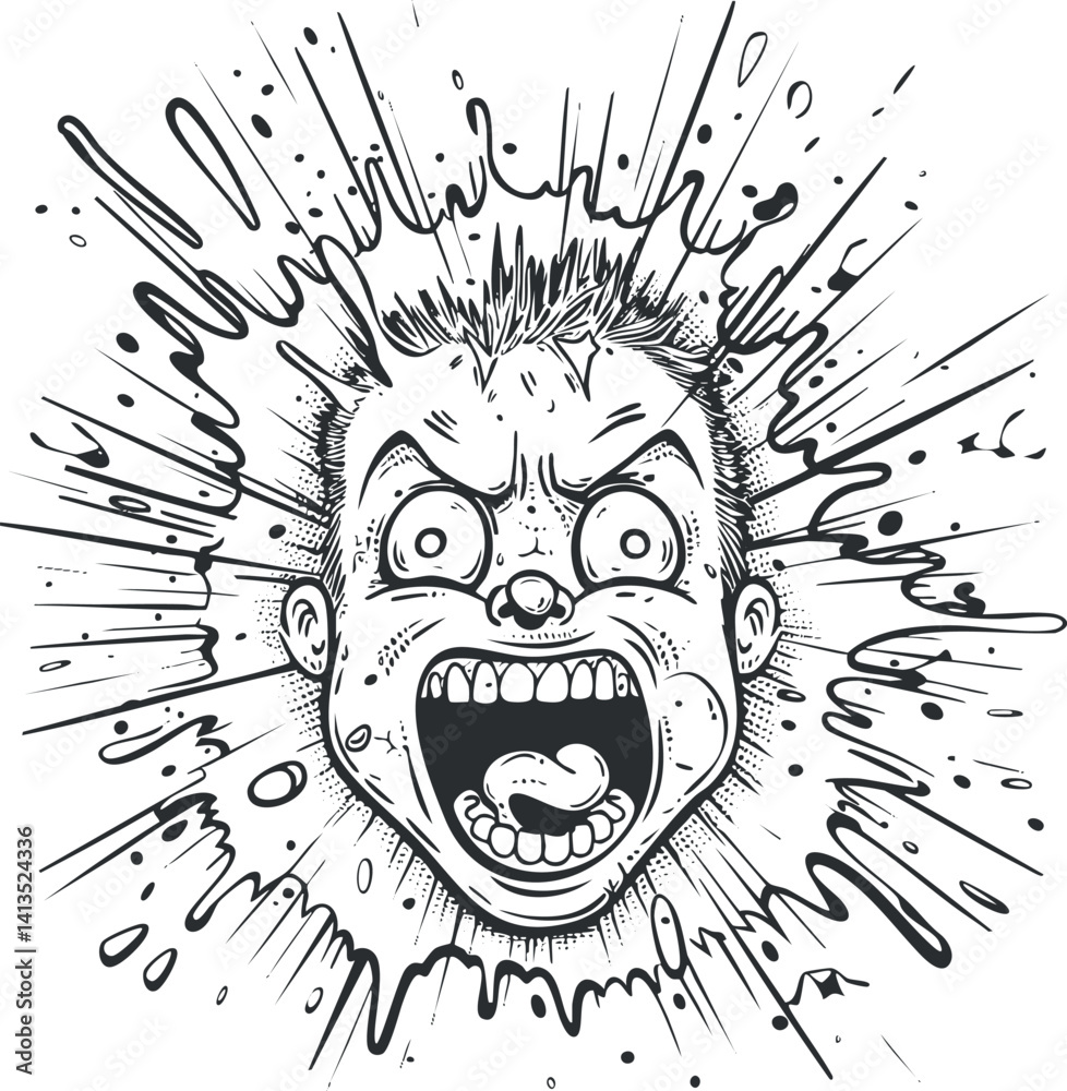 A dynamic and expressive illustration of an angry face with explosive effects surrounding it.