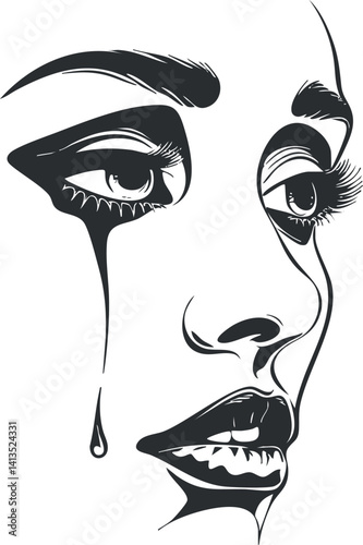 A stylized black and white illustration of a crying woman's face with a single tear.