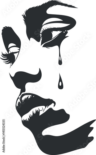A striking black and white illustration of a woman's face expressing sadness with a teardrop.