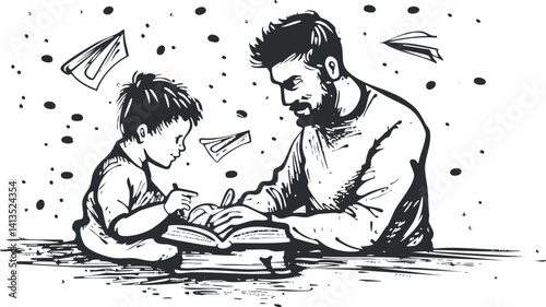 A heartwarming illustration of a father reading a book with his son, fostering imagination.