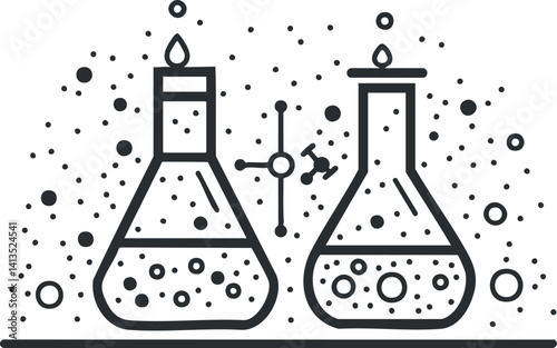 Illustration of laboratory glassware including beakers and flasks with bubbles and molecules.