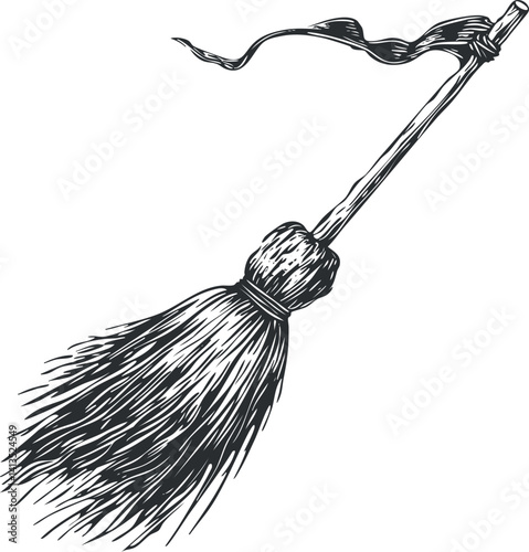 A hand-drawn illustration of a vintage broom with a wooden handle and bristles.