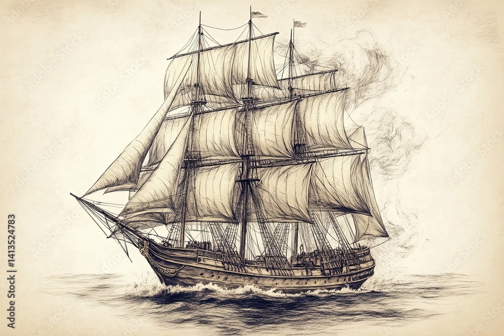 Fototapeta premium An artistic drawing showing a large sailing ship at sea gracefully