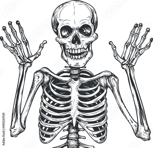 A detailed illustration of a skeleton with hands raised, showcasing human anatomy and expression.