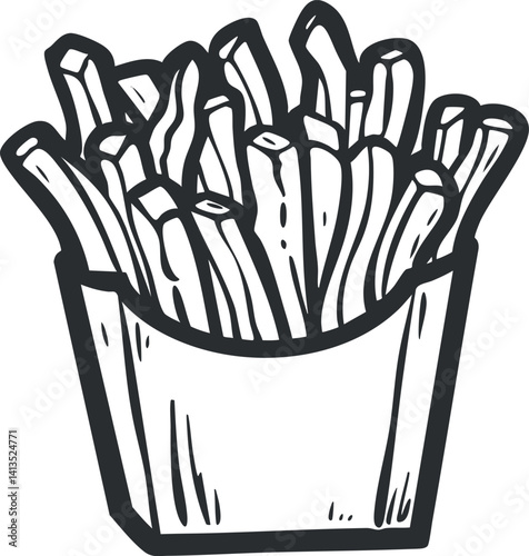 Illustration of a container filled with crispy golden french fries in a simple design.