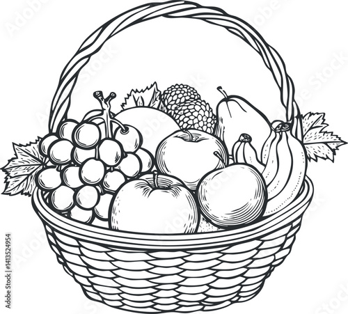 A detailed illustration of a woven basket filled with various fruits including grapes apples and bananas.