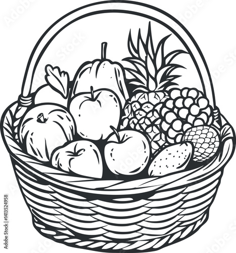 A hand-drawn illustration of a basket filled with assorted fruits and vegetables.