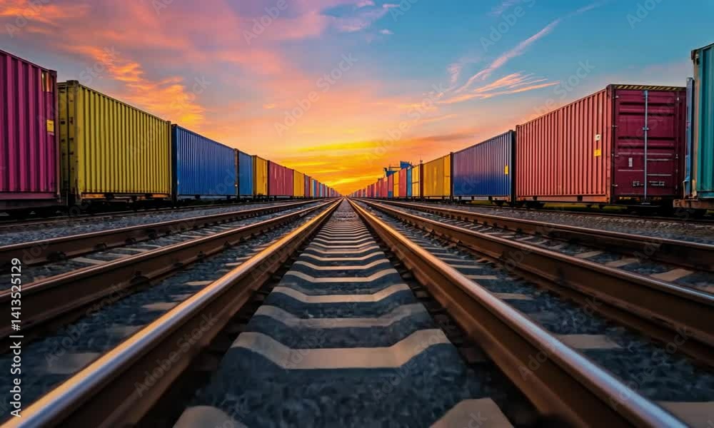 Sunset over Cargo Train Tracks: Colorful Containers at Golden Hour