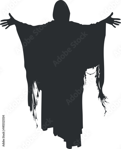 A mysterious silhouette of a ghostly figure with outstretched arms, perfect for Halloween themes.