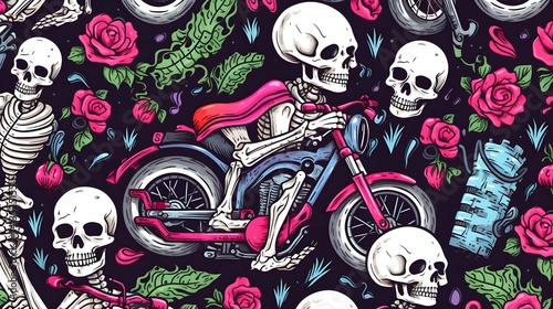 Professional Seamless Skeleton Motorcycle Pattern for Design Projects