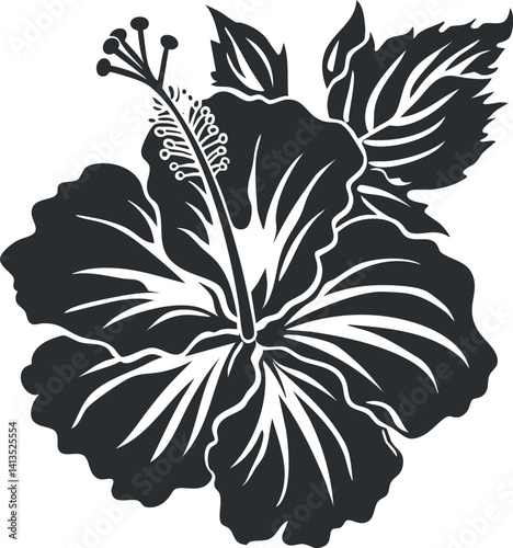 Stylized black and white illustration of a hibiscus flower with detailed petals and leaves.