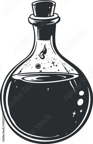 A vintage potion bottle filled with a mysterious liquid and cosmic elements.