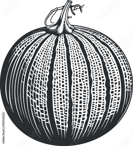 Detailed black and white illustration of a pumpkin showcasing its unique texture and shape.