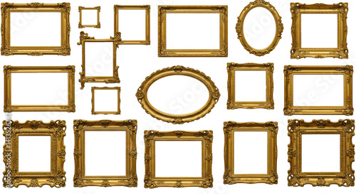 Assorted Vintage Gold Ornate Picture Frames Isolated on White