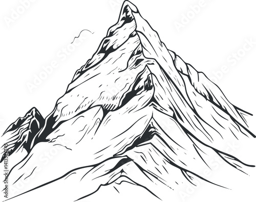 A detailed black and white illustration of a majestic mountain peak with snow-capped summit.