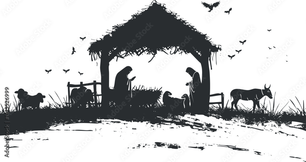Obraz premium Silhouette of a rural farm scene featuring animals, a farmhouse, and people at work.