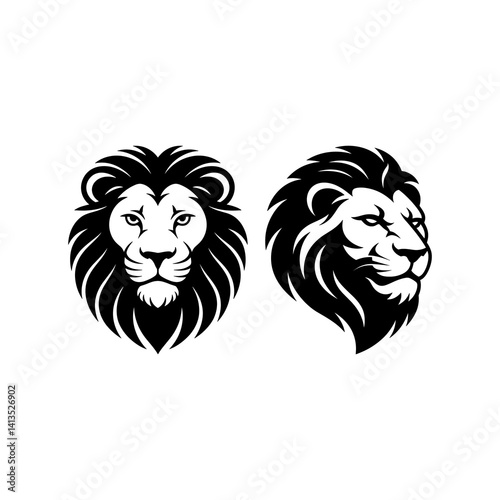 Lion head vector logo, Wild roaring lion king head tattoo set, Front and side view predator face, minimal lions heads icon black and white ink sketch silhouettes design, Eps, Ai, Svg format