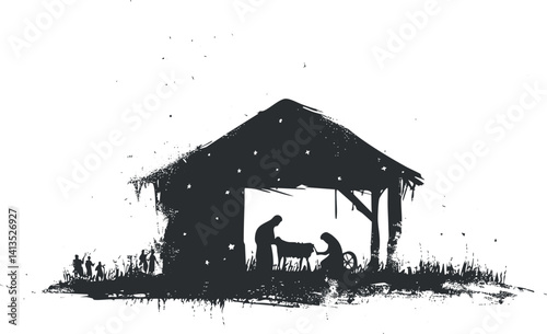 Silhouette of a couple working on a farm with animals in a serene rural setting