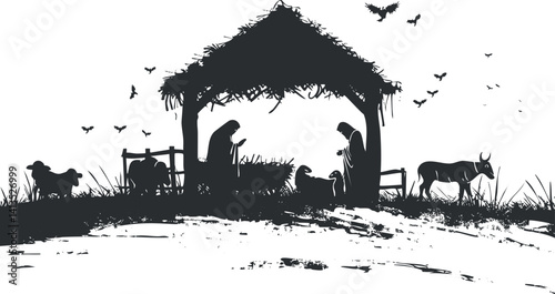 Silhouette of a rural farm scene featuring animals, a farmhouse, and people at work.