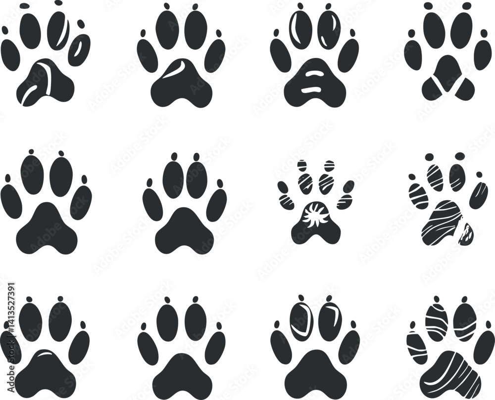 Collection of various animal paw prints in black silhouette style on a white background Collection of various animal paw prints in black silhouette style on a white background