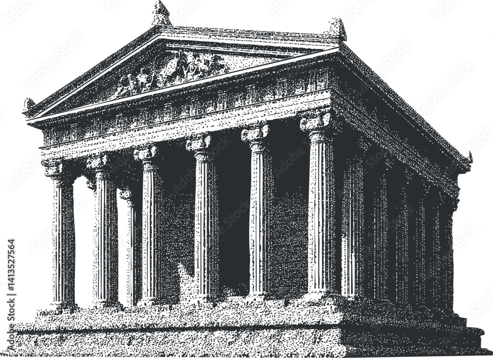 Obraz premium A detailed illustration of a classical temple with columns and ornate features.