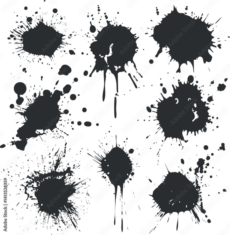 Collection of black ink splashes and stains for creative design and artistic projects.