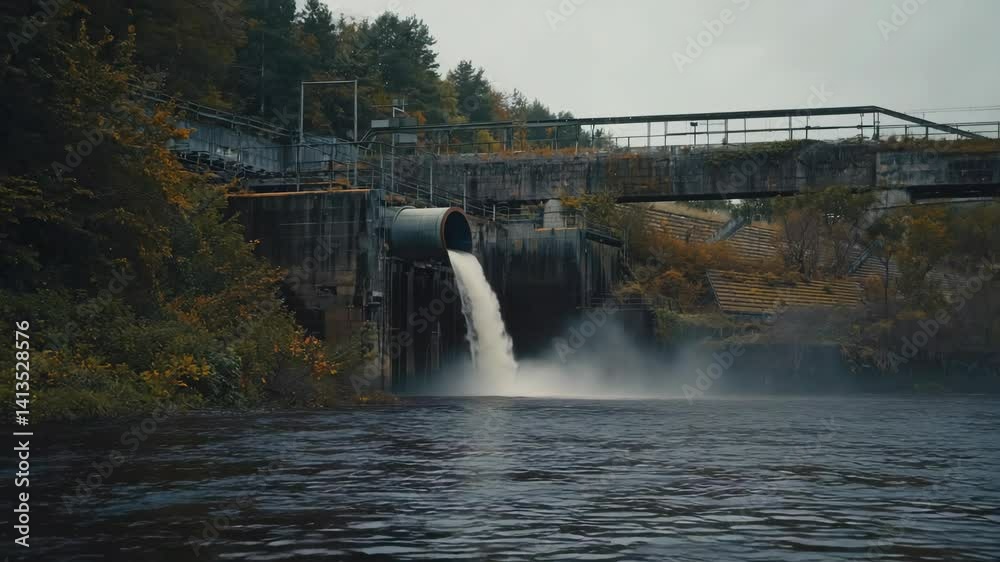 Industrial water discharge from concrete structure outlet pipe into river surrounded by lush nature and foliage on a overcast day