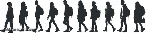 Silhouettes of diverse people walking with backpacks, representing travel and adventure in an urban setting.