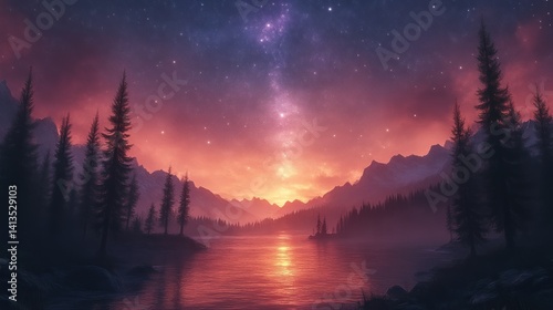 Wallpaper Mural Starry Night Over Serene Lake with Majestic Mountains and Pine Trees Torontodigital.ca