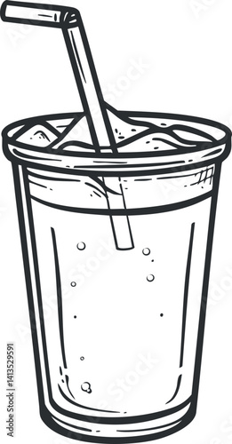 Illustration of a cold beverage in a transparent glass with a straw and ice.
