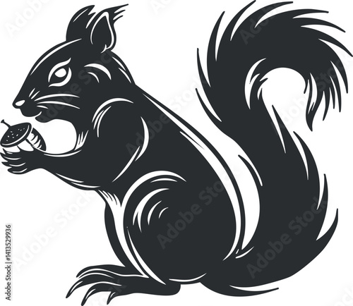 A playful squirrel holding an acorn, beautifully illustrated in black and white style.