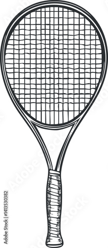 A detailed illustration of a tennis racket showing its strings and handle design.