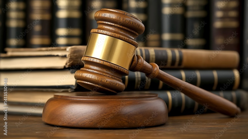 Judge's Gavel and Law Books, A judge's gavel resting on a wooden surface with law books in the background Judge's Gavel and Law Books, A judge's gavel resting on a wooden surface with law books in the background