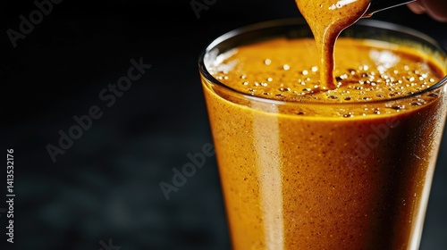 Amber beverage pouring into glass creamy texture close up food photography
