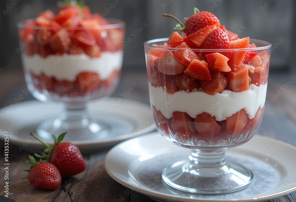 Delicious strawberry parfait dessert layered with cream in glass cups background
Delicious strawberry parfait dessert layered with cream in glass cups background