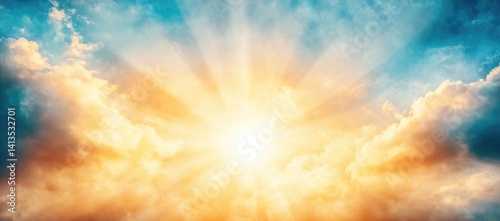 Warm sun rays burst through vibrant orange and blue cloudscape, creating a radiant, hopeful atmosphere