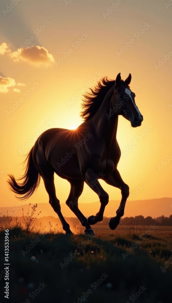 A running horse's dark outline against a bright sky with subtle gradient effect, horse, landscape
