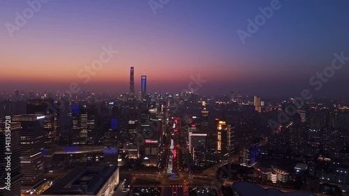 Wallpaper Mural 4K Real Time Aerial view of urban traffic and Shanghai skyscrapers in downtown at night. Torontodigital.ca