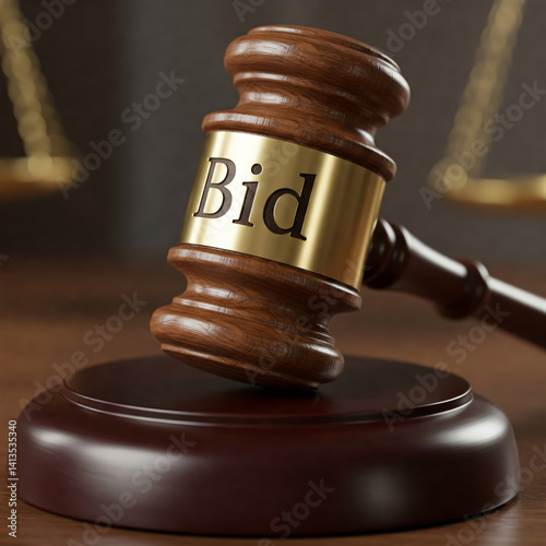 wooden gavel with gold band labeled Bid symbolizes auction law