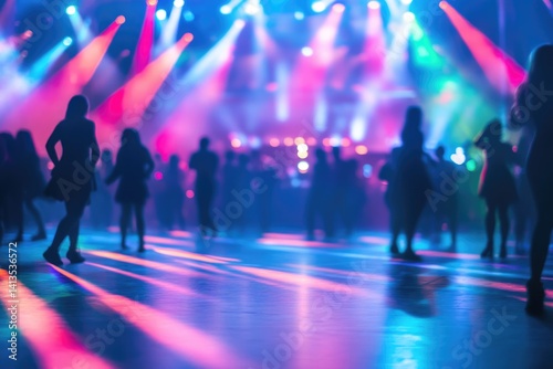Silhouetted figures dance on a vibrant, colorful dance floor illuminated by dynamic stage lighting.