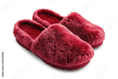 A pair of fluffy claret slippers displayed isolated on white background