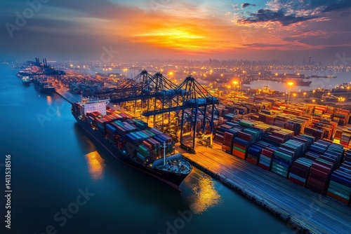 Wallpaper Mural A cargo ship docked at a port, suggesting trade between the US and China. Other ships and containers are visible in the background. Torontodigital.ca