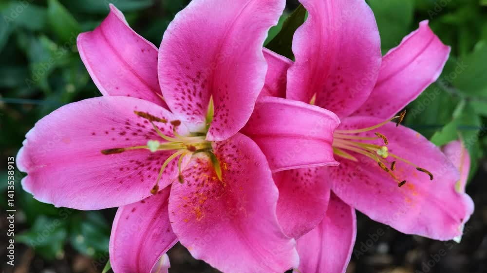 Pink lilies.Summer blooming garden atmosphere.Summer bulbous flower. Pink lilies.Summer blooming garden atmosphere.Summer bulbous flower.
