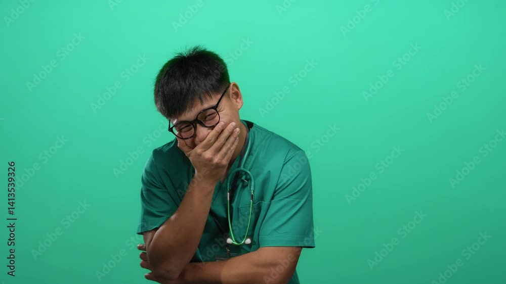 Young chinese man in a green medical uniform laughing joyfully over an isolated green background with a stethoscope and id badge, exuding a cheerful and professional demeanor.