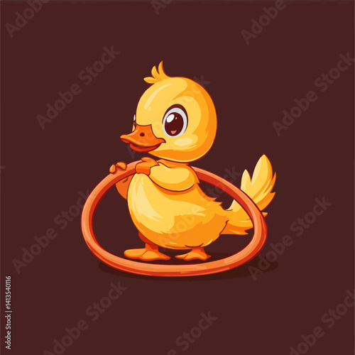 A modern cartoon illustration featuring a baby duck character exercising with a hula hoop, isolated on a background, conveying a sports and fitness concept