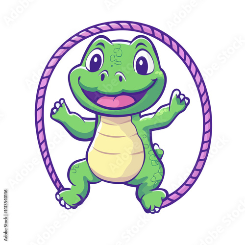 The daily routine of a humanized green reptile animal character includes activities such as crocodile-like jumping and skipping rope