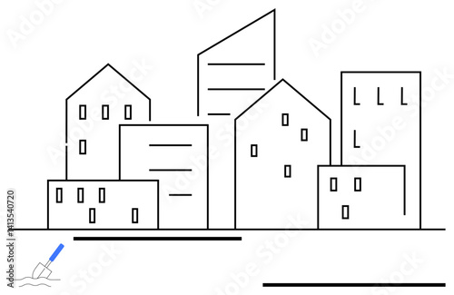 Modern cityscape featuring buildings outlined with straight lines, clean design, geometric precision. Ideal for architecture, urban planning, design concepts, layouts, branding, simplicity flat